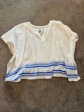 Old Navy  White Tunic Top with Blue Striped Hem